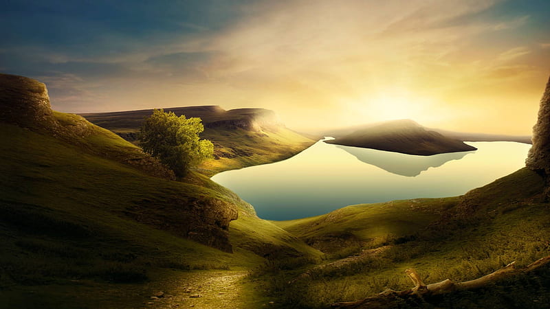 Sunlit Tarn Among Grassy Hills, cool, sunset, nature, fun, HD wallpaper