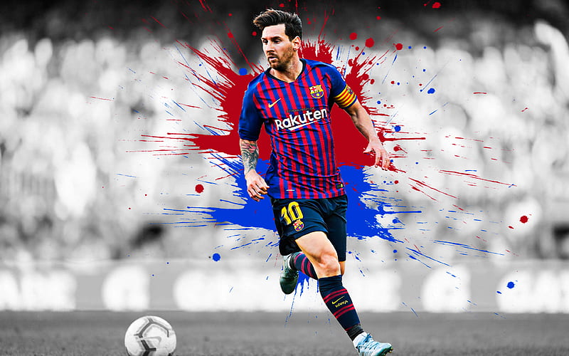 Lionel Messi art, Barcelona FC, Argentine football player, striker, football star, blue maroon splashes of paint, grunge art, La Liga, Spain football, Messi, HD wallpaper