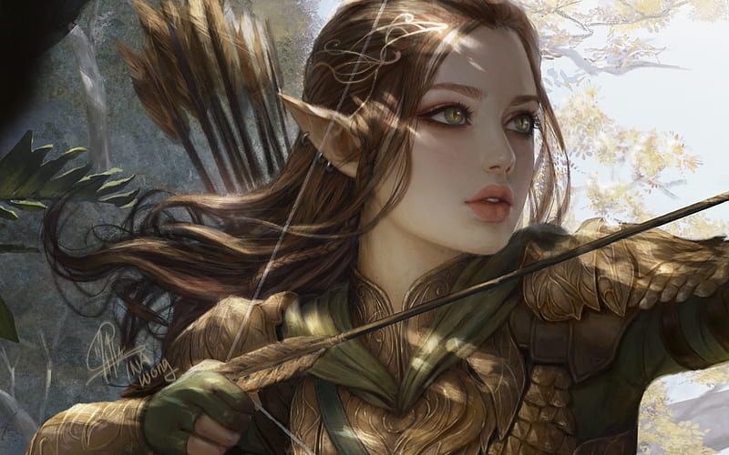 Arwen Nightbreeze, art, fantasy, luminos, girl, elf, archer, ina wong, HD wallpaper