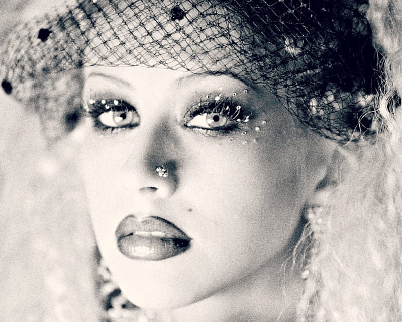Christina Aguilera, veil, black, woman, singer, girl, bw, face, white ...