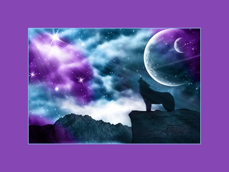 WOLF FANTASY, stars, planets, sky, clouds, fantasy, purple, wolf, howling, blue, HD wallpaper