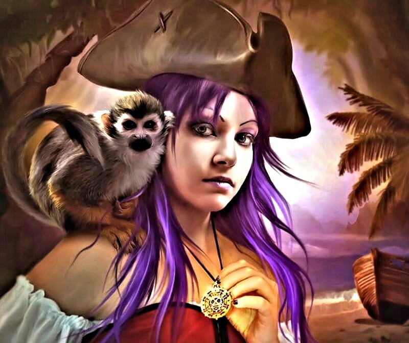 Pirate Woman, Woman, Pirate, Fantasy, Monkey, HD wallpaper
