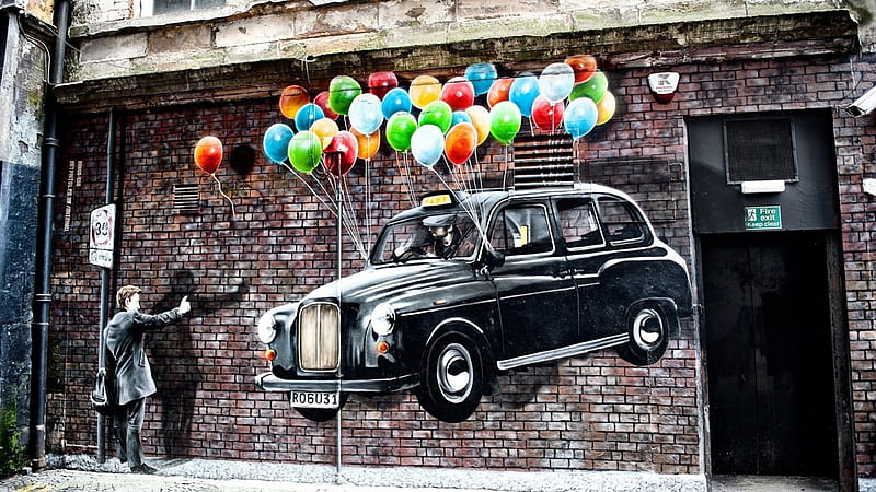 london cab as street art, building, art, bricks, london cab, balloons, man, wall, HD wallpaper