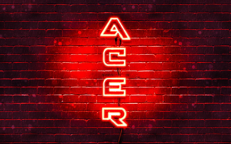 Acer red logo, vertical text, red brickwall, Acer neon logo, creative, Acer logo, artwork, Acer, HD wallpaper