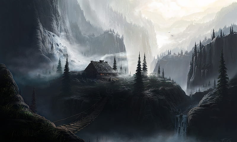 Deep in the mountain, Mountains, Art, House, Paint, HD wallpaper