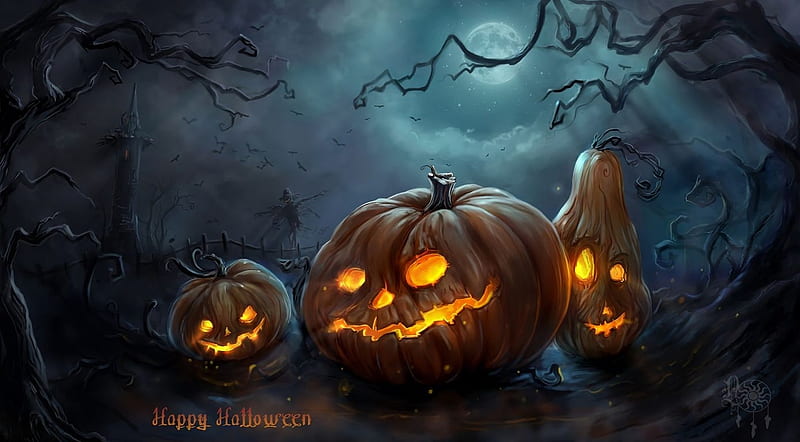 Pumpkin face scary smile orange red Halloween Digital Art by