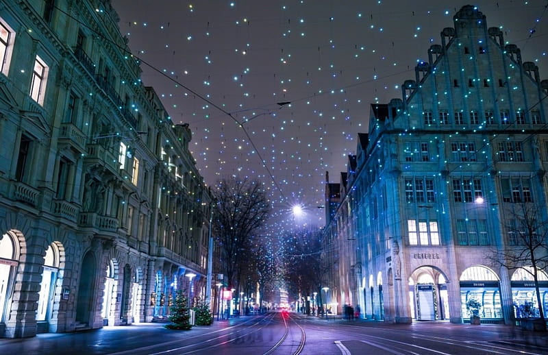 Zurich Switzerland, Cities, Fairy lights, Christmas, Holidays, Switzerland, Winter, Night City, Houses, Street, Night, HD wallpaper
