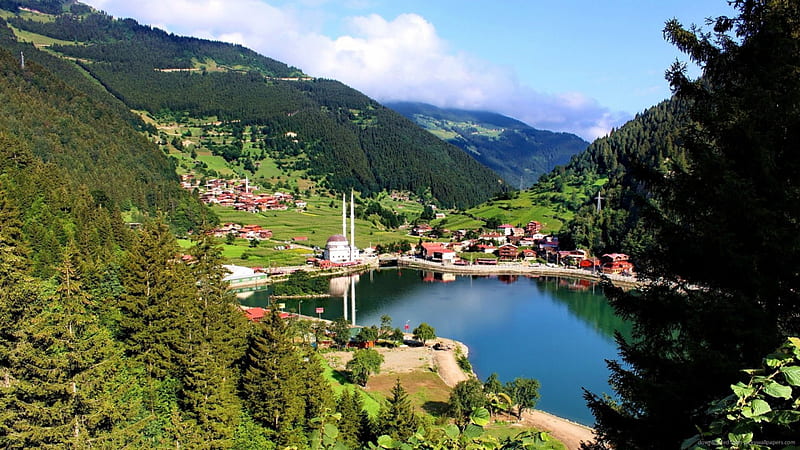 Turkish village on a mountain lake, village, mosque, lake, mountains ...