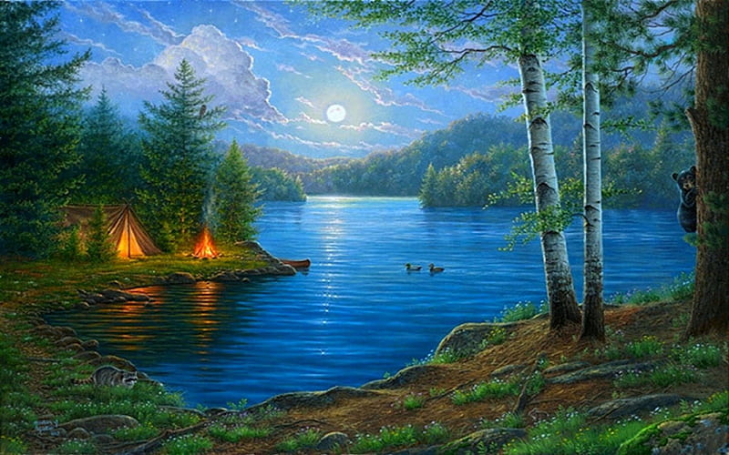 ✫Full Moon Night✫, bear, attractions in dreams, digital art, clouds, paintings, waterscapes, flowers, drawings, rivers, blue, night, moons, colors, love four seasons, creative pre-made, sky, trees, weather, swans, cool, plants, moonlight, canvas tents, reflections, HD wallpaper
