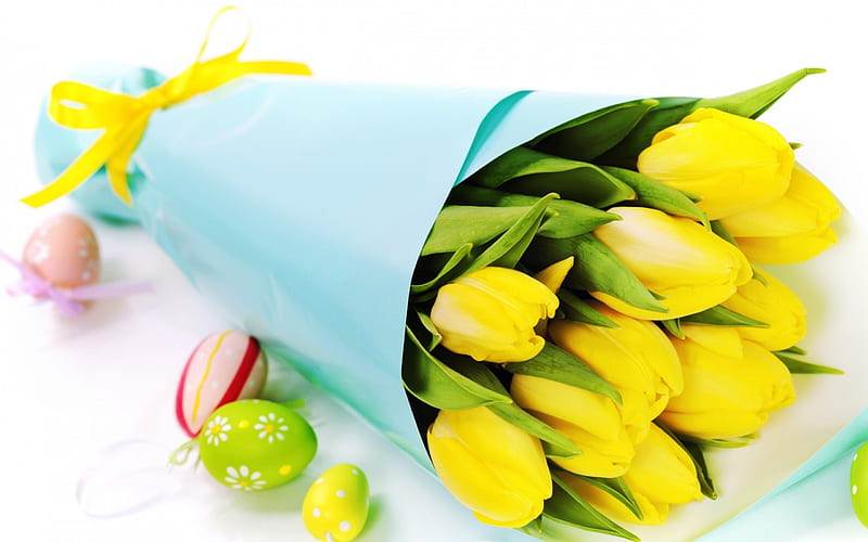 bouquet of yellow tulips, beautiful yellow flowers, tulips, Easter, spring, Easter eggs, flowers of respect, yellow tulips, HD wallpaper