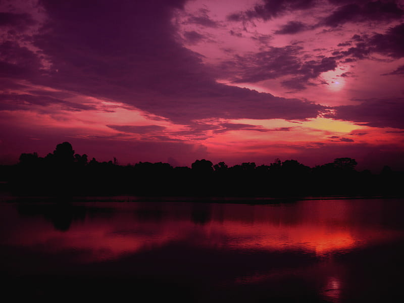 twilight, lake, trees, sunset, sky, purple, dark, HD wallpaper