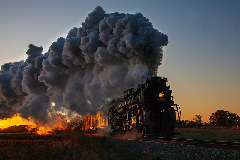 A Blast from the Past, sunset, railway, steam, train, HD wallpaper