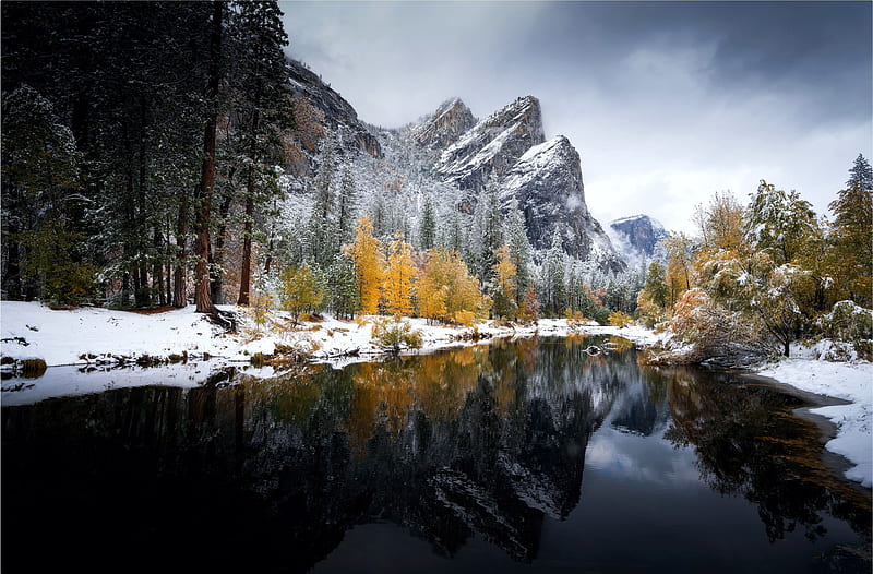 Early snow storm at Yosemite National Park, with fall colors, mountains, fall, usa, california, colors, river, trees, reflections, HD wallpaper