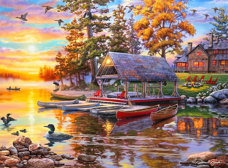 Canoe Camp, flying birds, camp, houses, love four seasons, ducks, canoes, attractions in dreams, paintings, sunsets, summer, nature, rivers, HD wallpaper