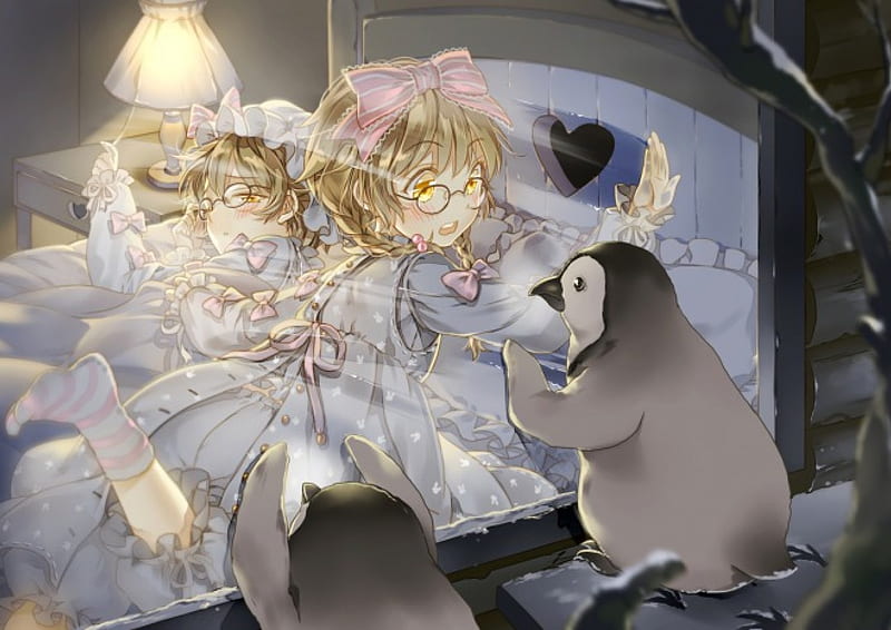 Penguins!!!!, glasses, sisters, ribbons, bed, snow, anime, lolita fashion, girls, penguins, twins, animals, HD wallpaper