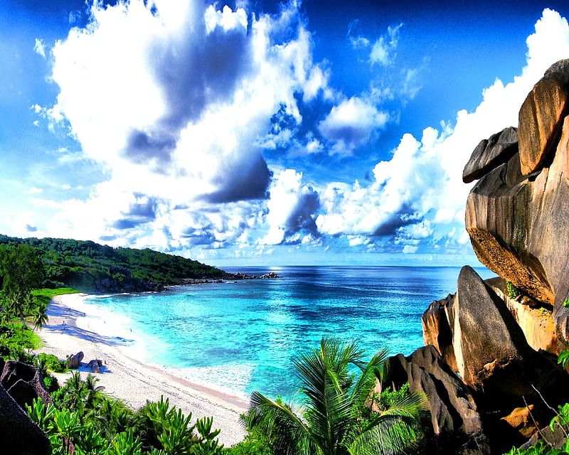 Seychelles [], sunny, beach, sand, green, blue, seychelles, holiday, black, sky, water, mountains, dark, plants, summer, nature, white, HD wallpaper