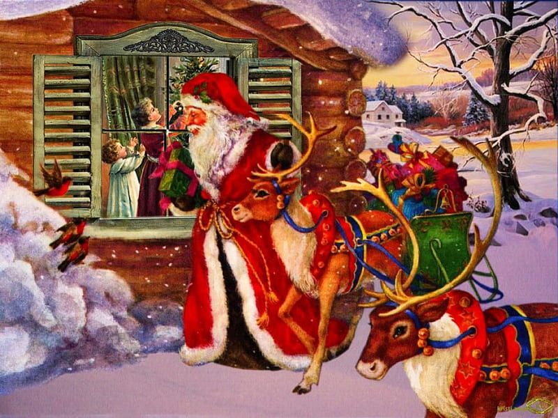 Victorian Christmas, santa, snow, cabin, artwork, xmas, gifts, HD ...