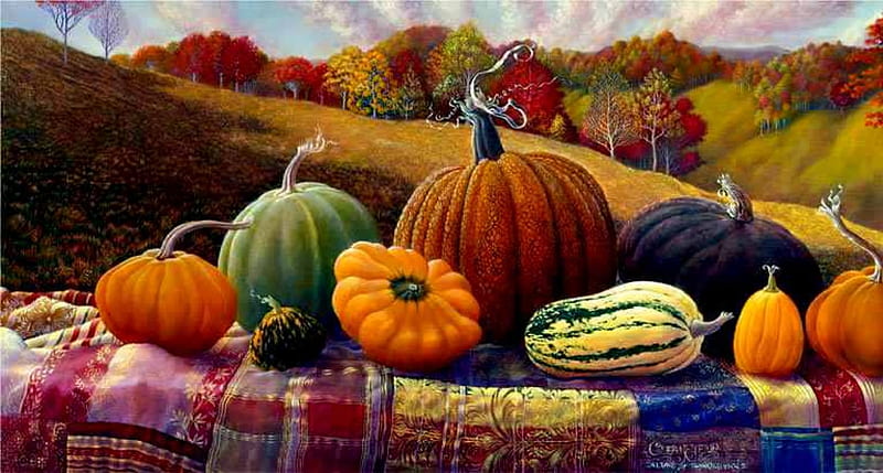Autumn Table, hills, table, autumn, quilt, trees, squash, gourds, patchwork quilt, pumpkins, HD wallpaper