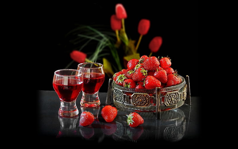 Strawberry Still Life, tulips, still life, red, black, strawberries, glasses, HD wallpaper