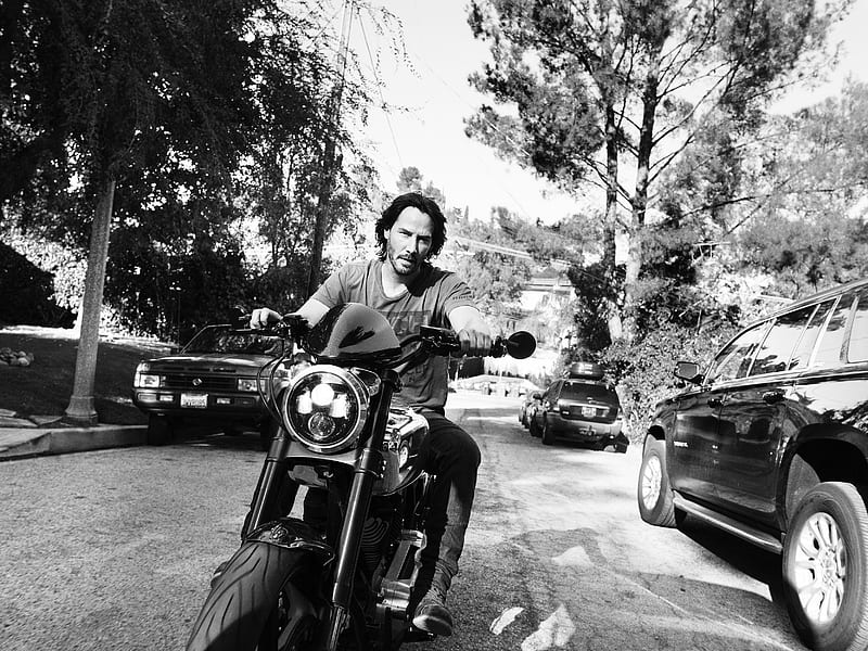Keanu Reeves On Bike, keanu-reeves, male-celebrities, monochrome, black-and-white, HD wallpaper