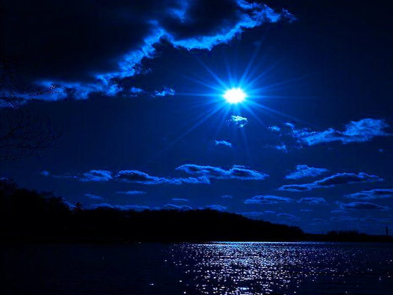 Shimmer, moon, ocean, moonlight, clouds, blue, night, HD wallpaper