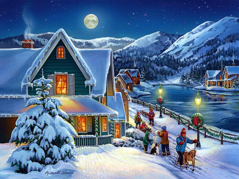 Holiday Moon, cottage, artwork, lights, tree, snow, mountains, people, painting, ice, river, HD wallpaper