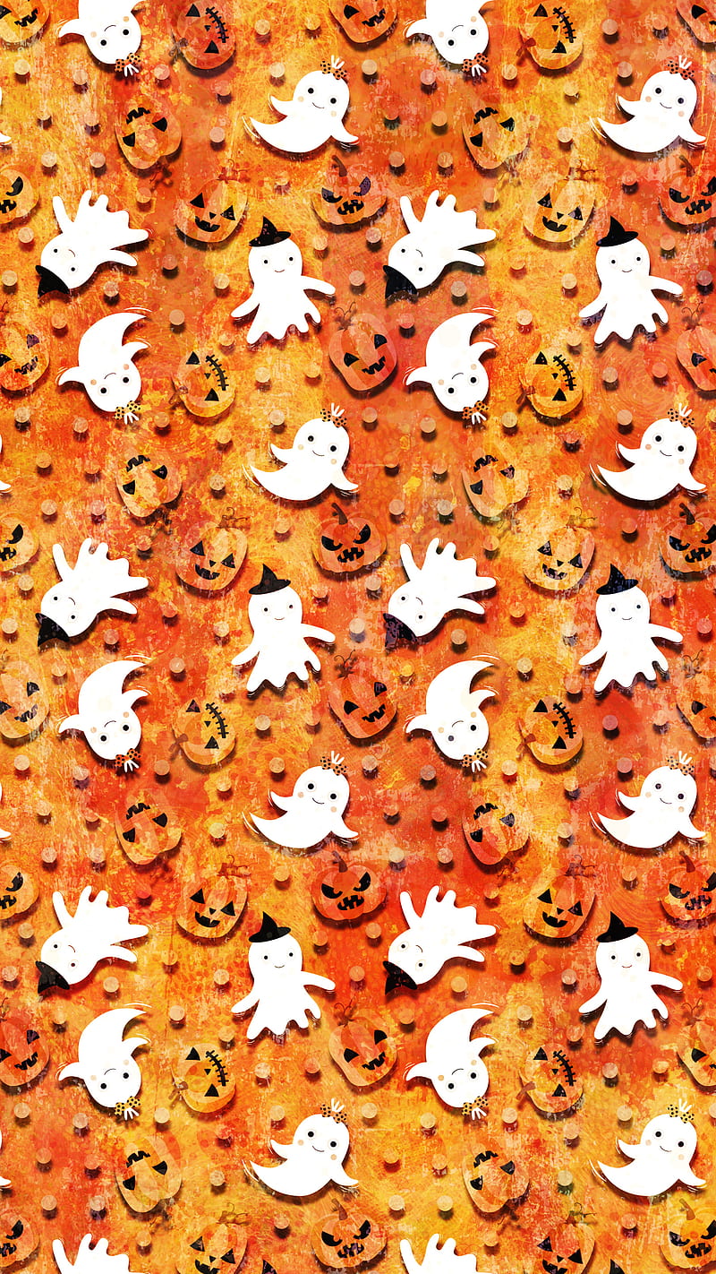 Cute Ghosts Pumpkins, Adoxali, Halloween, autumn, background, brown, cartoon, celebration, color, day of the dead, desenho, dots, fall, fun, funny, ghost, hat, holiday, illustration, jack, kawaii, lantern, october, orange, pattern, pumpkin, scary, season, smile, spooky, treat, trick, yellow, HD phone wallpaper
