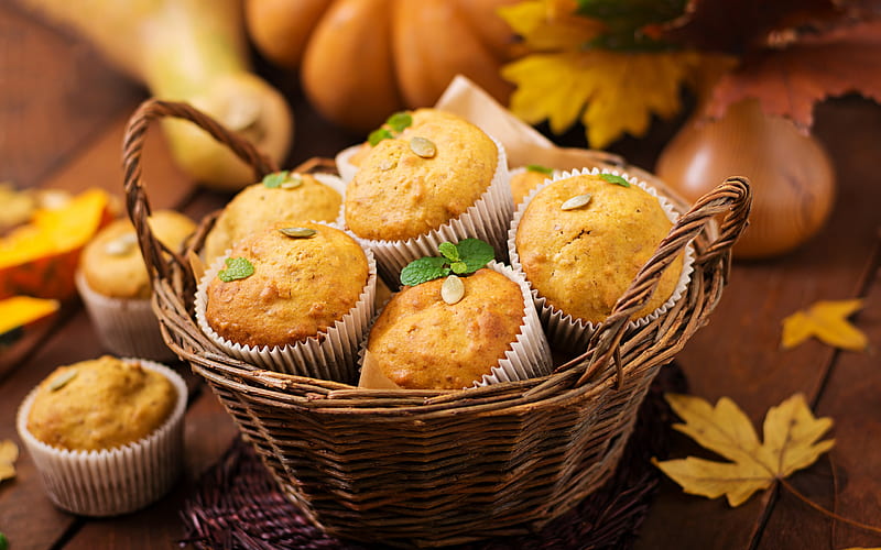 cupcakes, pastries, cakes, muffins in a basket, sweets, HD wallpaper