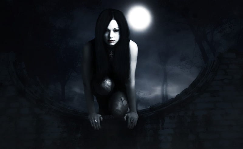 Late Night Hello, moon, female, gothic, dark, woman, night, black hair, HD wallpaper