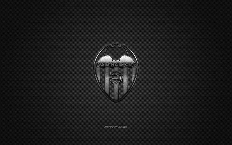 Valencia CF, Spanish football club, La Liga, silver logo, gray carbon fiber background, football, Valencia, Spain, Valencia CF logo, HD wallpaper