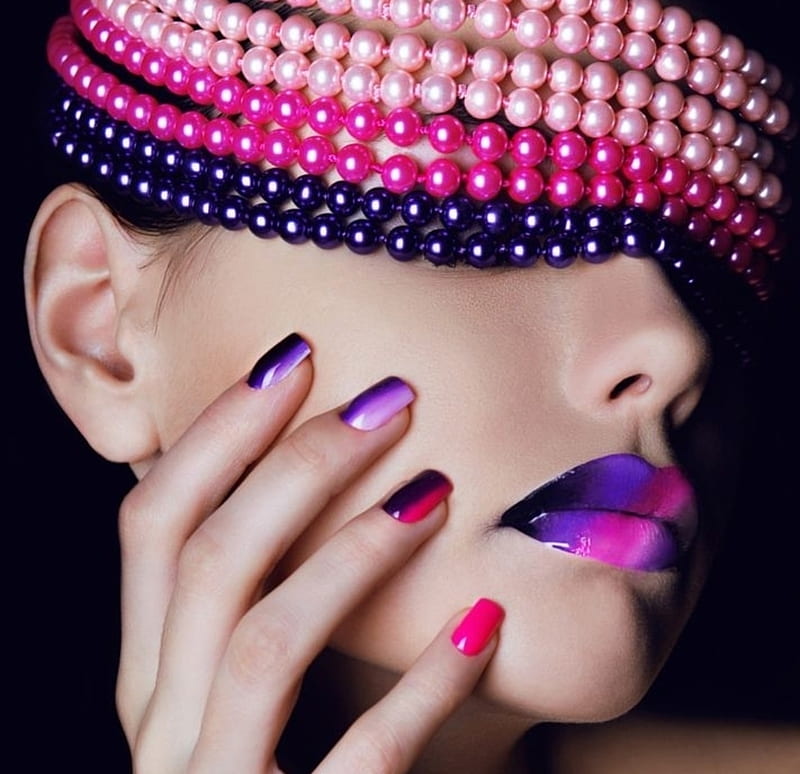Pink and purple, naild, model, puirple, woman, lips, girl, hand, jewel, face, beads, pink, HD wallpaper