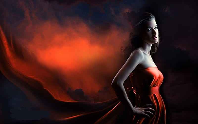 Possessed, red, art, female, dress, abstract, woman, graphy, fantasy, girl, HD wallpaper
