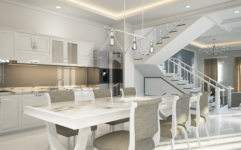 stylish dining room interior, kitchen, bright white apartment, modern interior design, living room, HD wallpaper