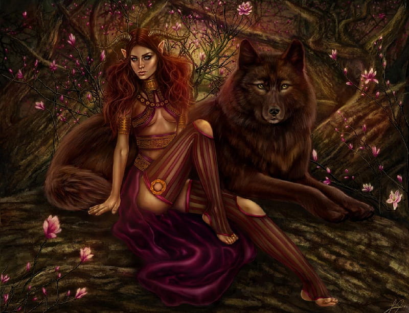 Wood Nymph And Wolf, red, flowers, horns, woods, HD wallpaper