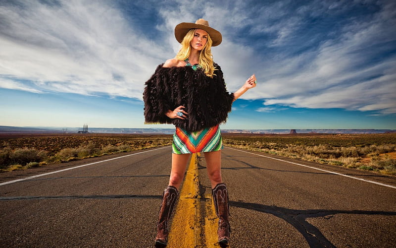 Going My Way........, female, models, hats, boots, hitch hicking, fun, women, highway, cowgirls, girls, fashion, blondes, western, style, HD wallpaper
