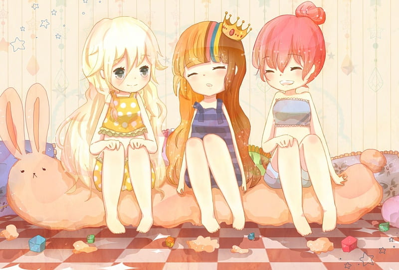 Just The Three of Us, cute, vocaloid, anime, playdate, crown, girls, IA, megurine luka, HD wallpaper
