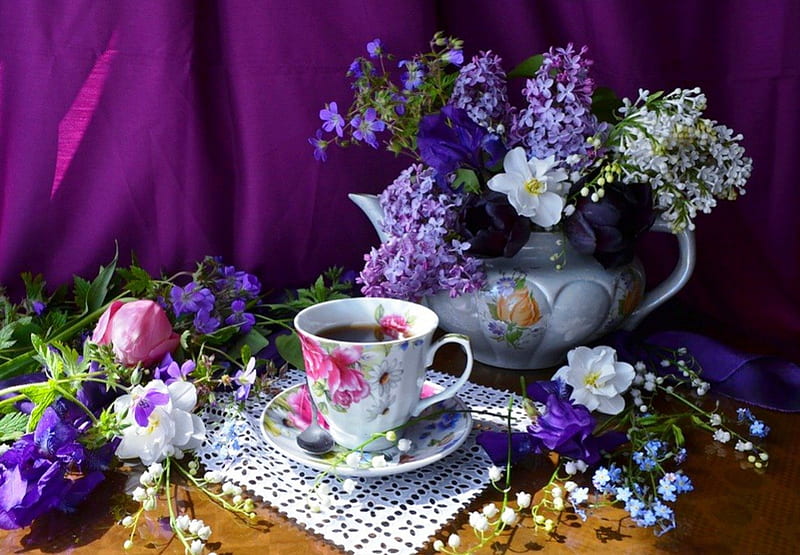 Tea with the scent of spring, lilac, vase, tea, floral, still life, flowers, tulips, porcelain, harmony, colors, scent, spring, joy, entertainment, cup, lily, nature, HD wallpaper