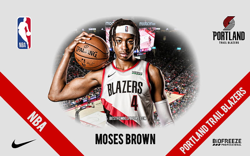 Moses Brown, Portland Trail Blazers, American Basketball Player, NBA, portrait, USA, basketball, Moda Center, Portland Trail Blazers logo, HD wallpaper