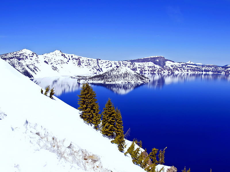Deep blue, bonito, lake, winter, mountain, snow, deep, slope, reflection, blue, HD wallpaper