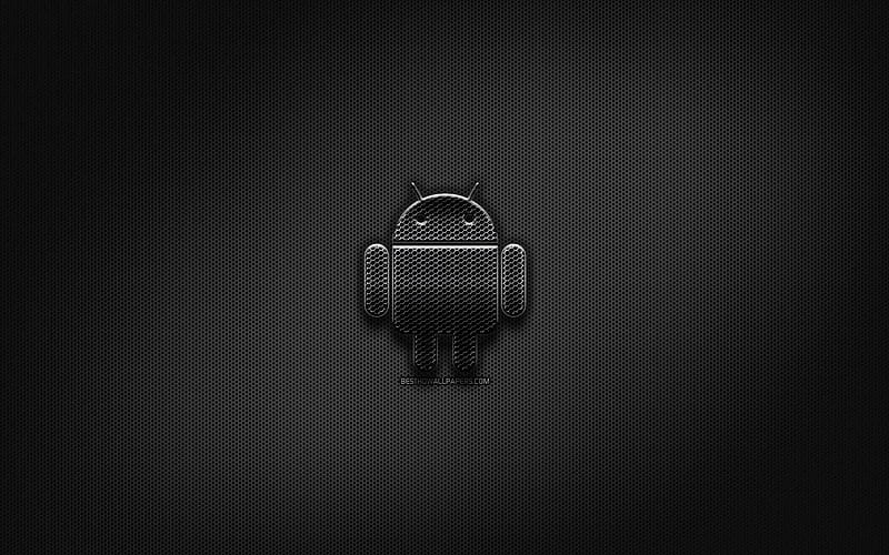Android black logo, creative, metal grid background, Android logo, brands, Android, HD wallpaper