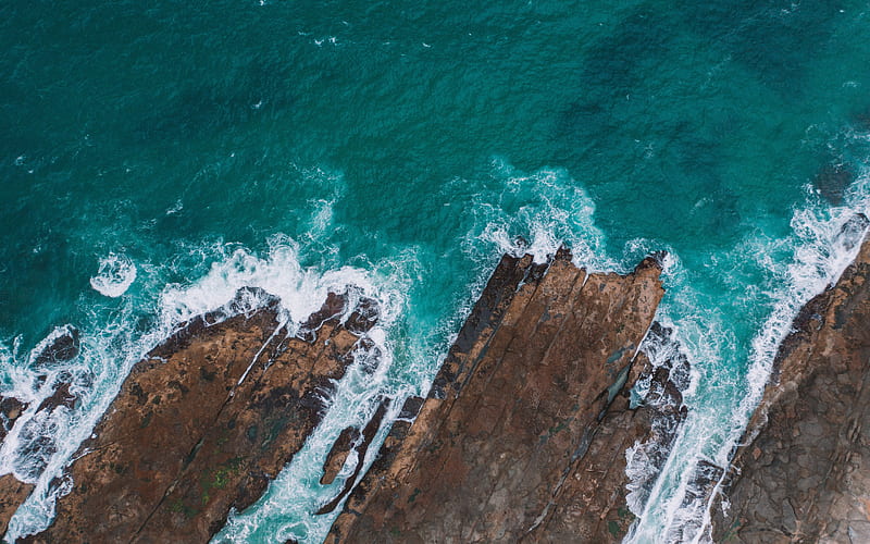 rocky coast, aero view, aerial view, ocean, waves, water, rocky coastline, HD wallpaper