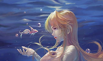 Download wallpaper 840x1160 bubble, underwater, cute, anime girl