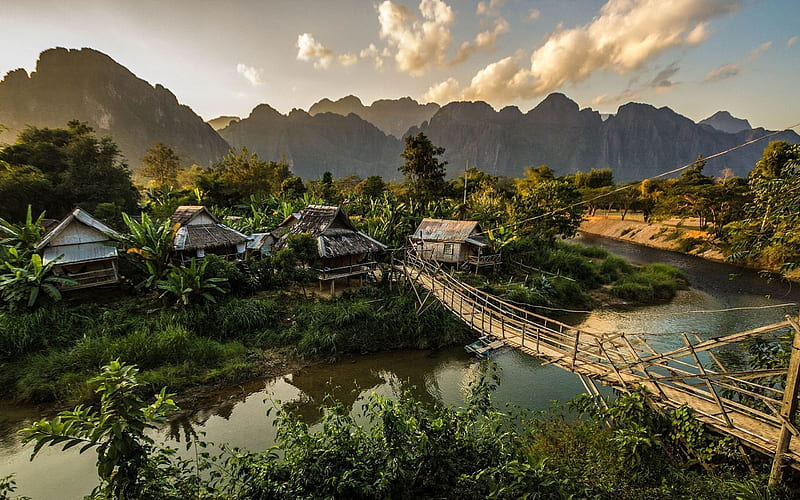 bridge, asia, vang vieng, village, laos, HD wallpaper