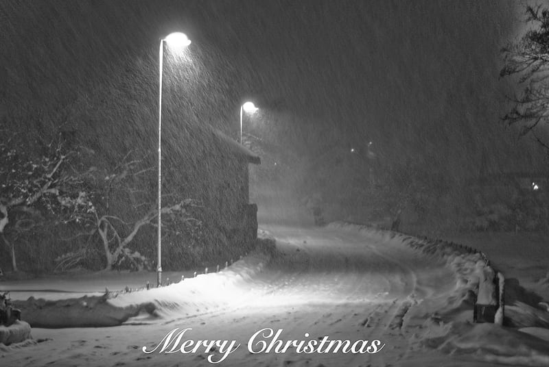 Merry Christmas, street lamps, bw, snowstorm, winter, HD wallpaper