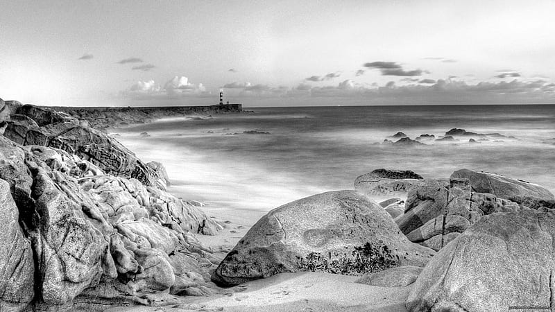 lighthouse on a stone pier in grayscale r, beach, rocks, pier, r, lighthouse, sea, HD wallpaper