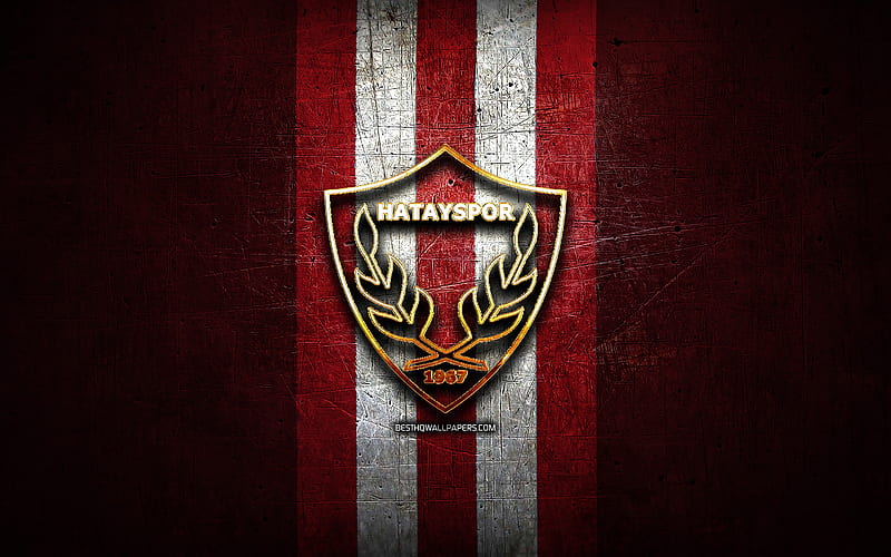 Hatayspor FC, golden logo, 1 Lig, purple metal background, football, Hatayspor, turkish football club, Hatayspor logo, soccer, Turkey, HD wallpaper