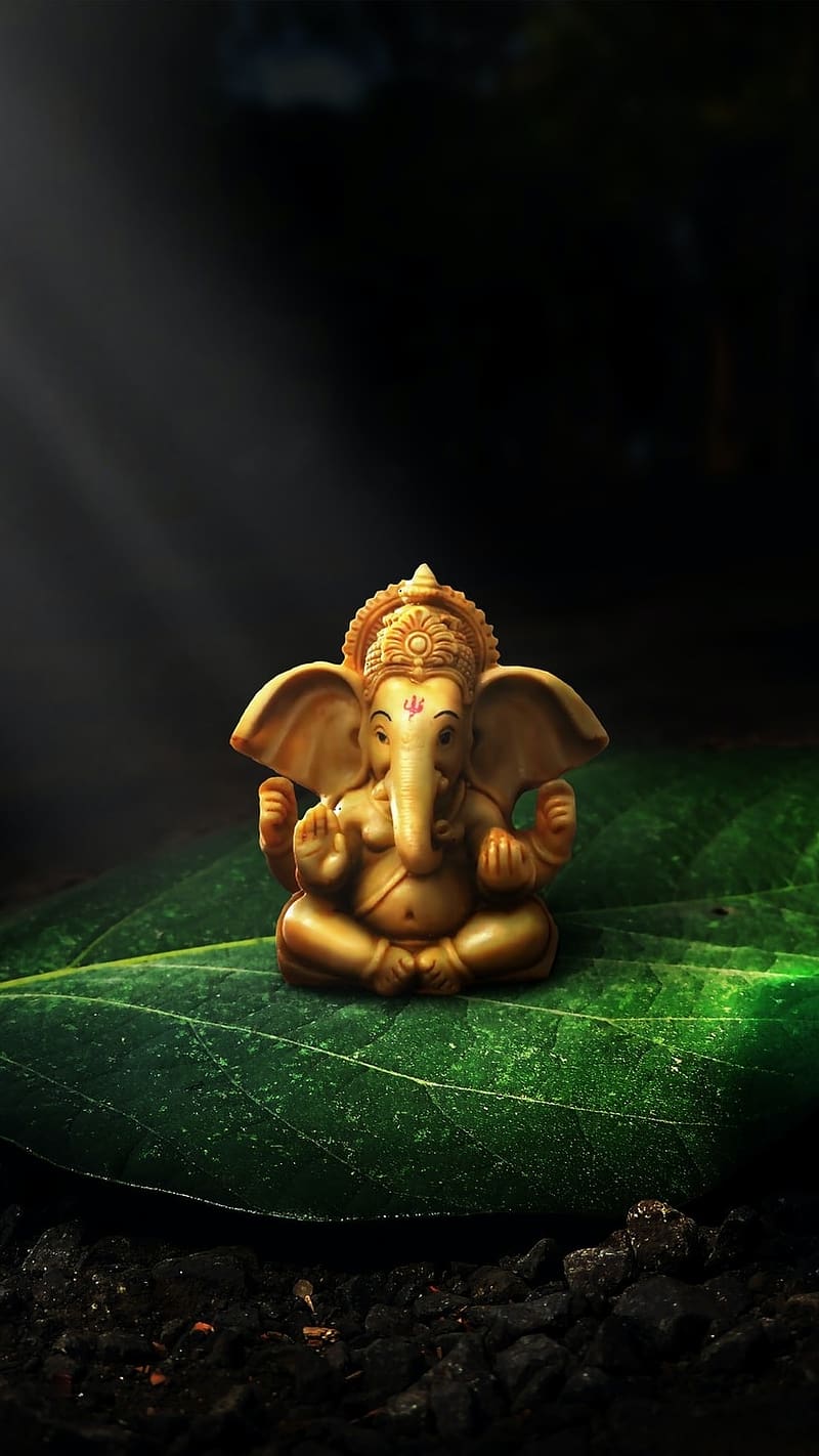 Gold Color Ganesh On Green Leaf Ganesh, HD wallpaper | Peakpx