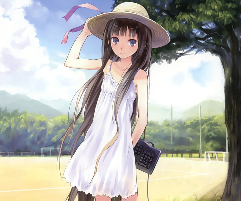 Lil' Missy, pretty, dress, scenic beautiful, adorable, sweet, nice, anime, beauty, anime girl, keyboard, scenery, long hair, mcute, female, lovely, gown, hat, kawaii, girl, sundress, scene, HD wallpaper