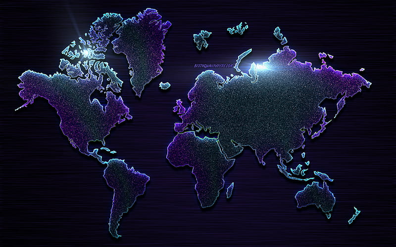 Purple glitter world map, creative art, purple world map, metal background, world map concepts, glitter, HD wallpaper