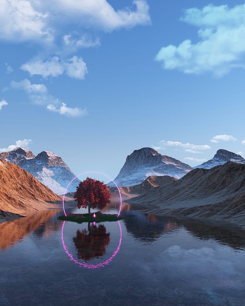 tree, lake, mountains, ring, neon, reflection, HD phone wallpaper
